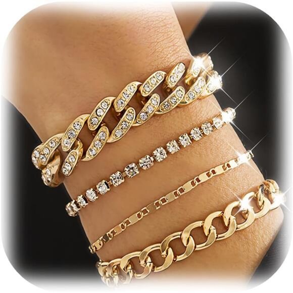 4-Piece Chunky Cuban Link Bracelet Set – Adjustable Layered Gold Bracelets - Picture 1 of 5